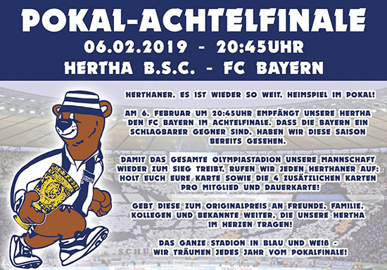 Hertha Fanszene ruft zum Kartenkauf für Pokalspiel gegen die Bayern auf! - Hertha BSC | Ankündigung