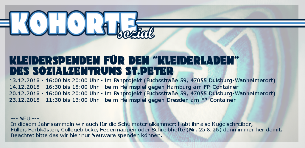Kohorte sozial - Kleiderspenden für den „Kleiderladen“ - MSV Duisburg | Ankündigung