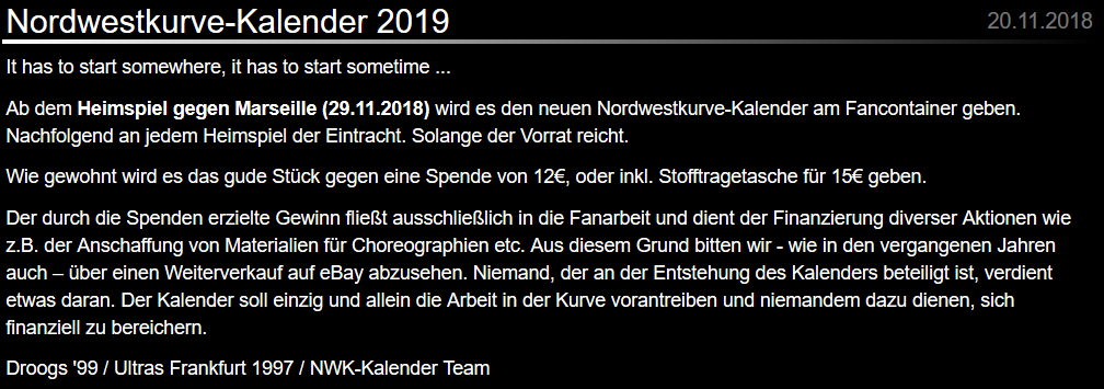 Nordwestkurve-Kalender 2019 - Eintracht Frankfurt | Ankündigung