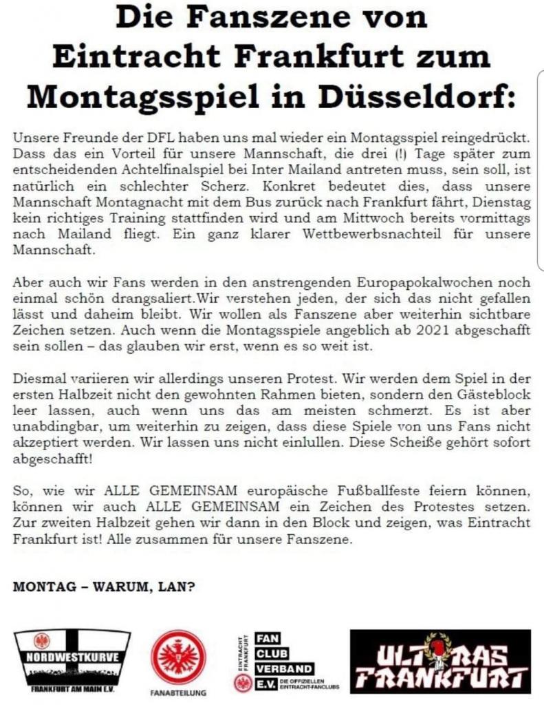 Stellungsnahme zum Montagsspiel in Düsseldorf - Eintracht Frankfurt | Ankündigung